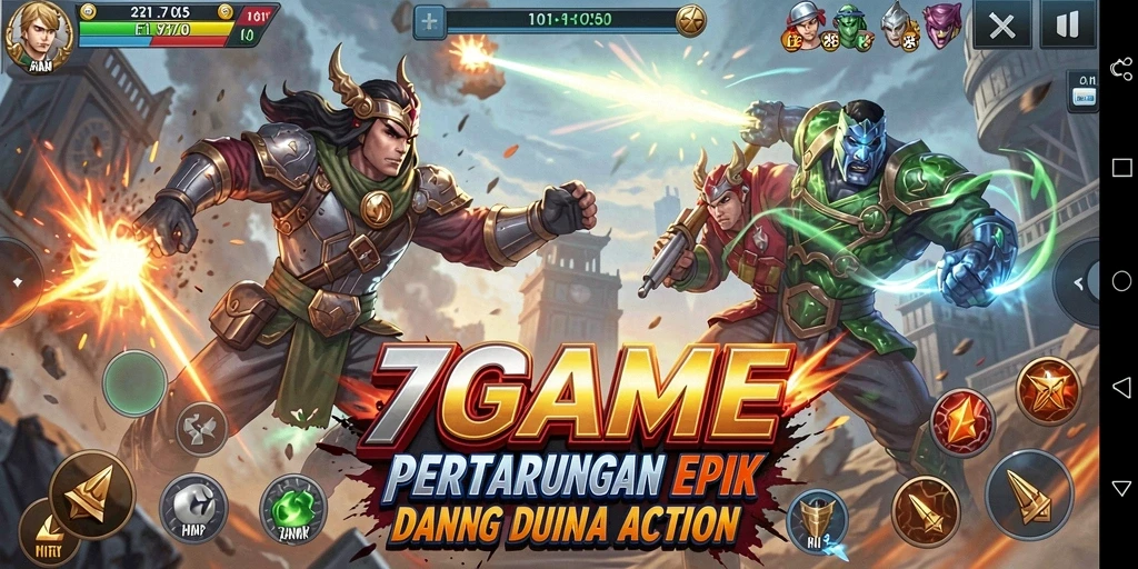 Screenshot utama 7GAME yang menampilkan aksi pertempuran yang mendebarkan.