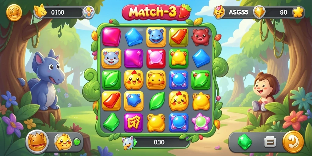 Tampilan gameplay seru ASG55 dengan kombinasi Match-3 yang menarik.