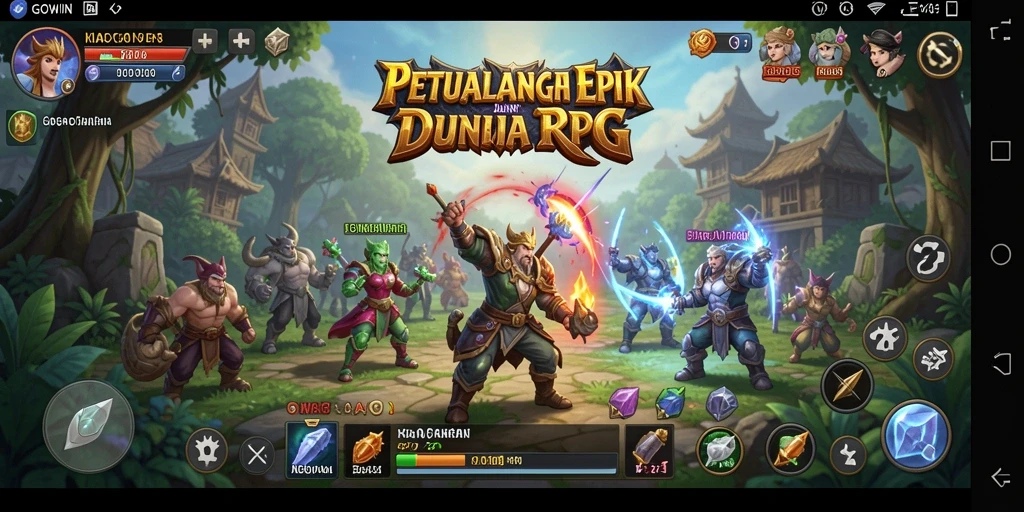 Screenshot utama GOWIN menampilkan pertarungan seru dalam dunia RPG.