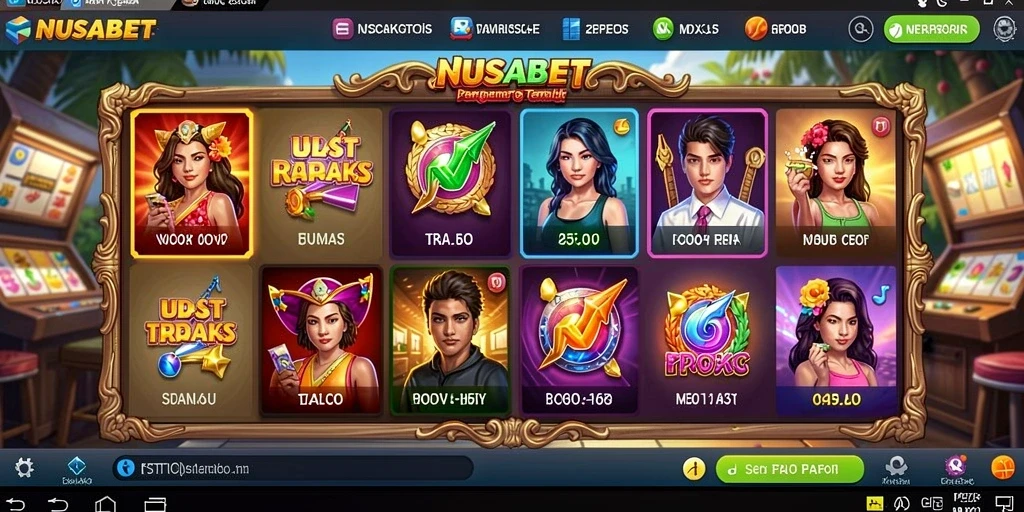 Screenshot utama NUSABET menunjukkan gameplay Slot yang penuh warna dan menarik.